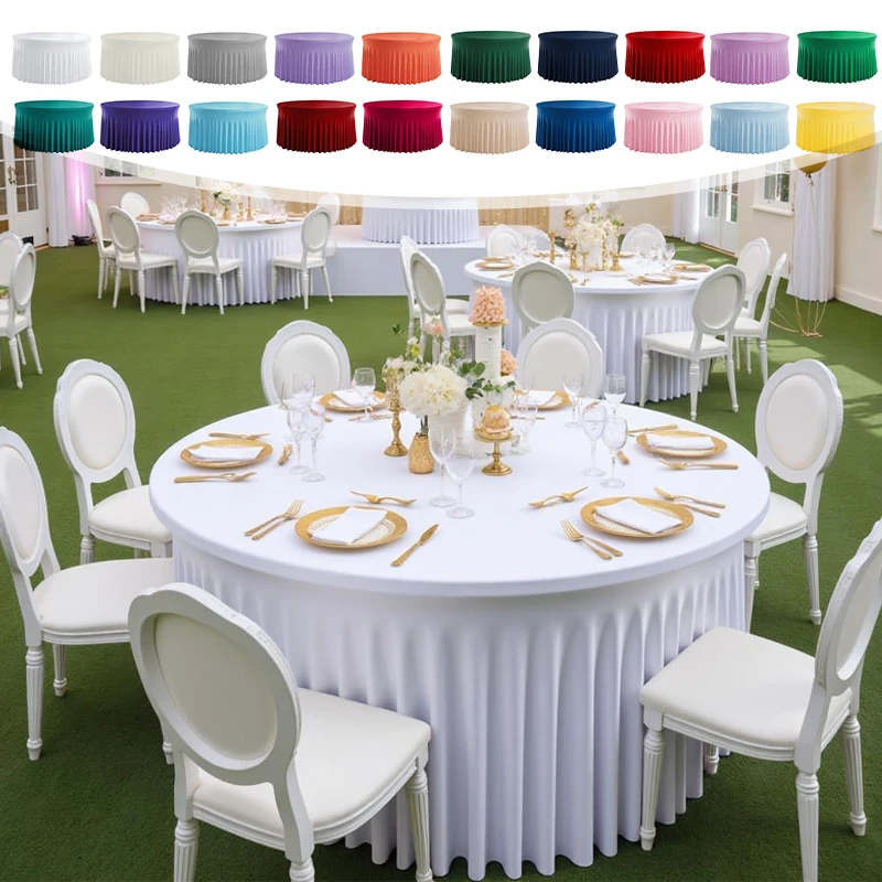 

Wave Shape Spandex Tablecloth Washable Round 4/5/6FT Stretch Fitted Cover with Pleated Skirt for Wedding Banquet Party Decor