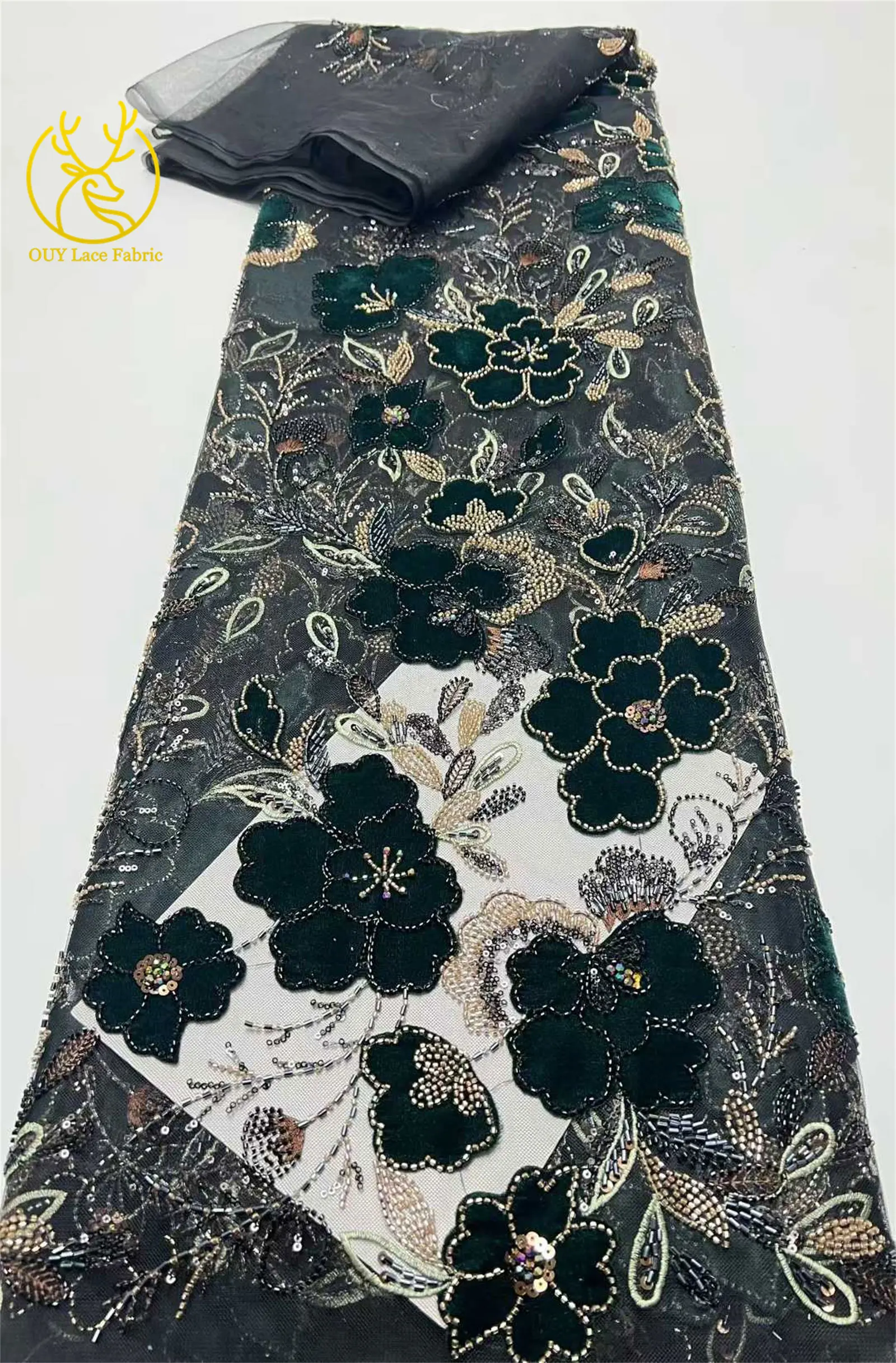 Neues Design Samt-Pailletten-bestickter Spitzenstoff 2026 Hochwertiger afrikanischer Perlen-Spitzenstoff Brautparty Hochzeitskleid Kleid – Detail 10