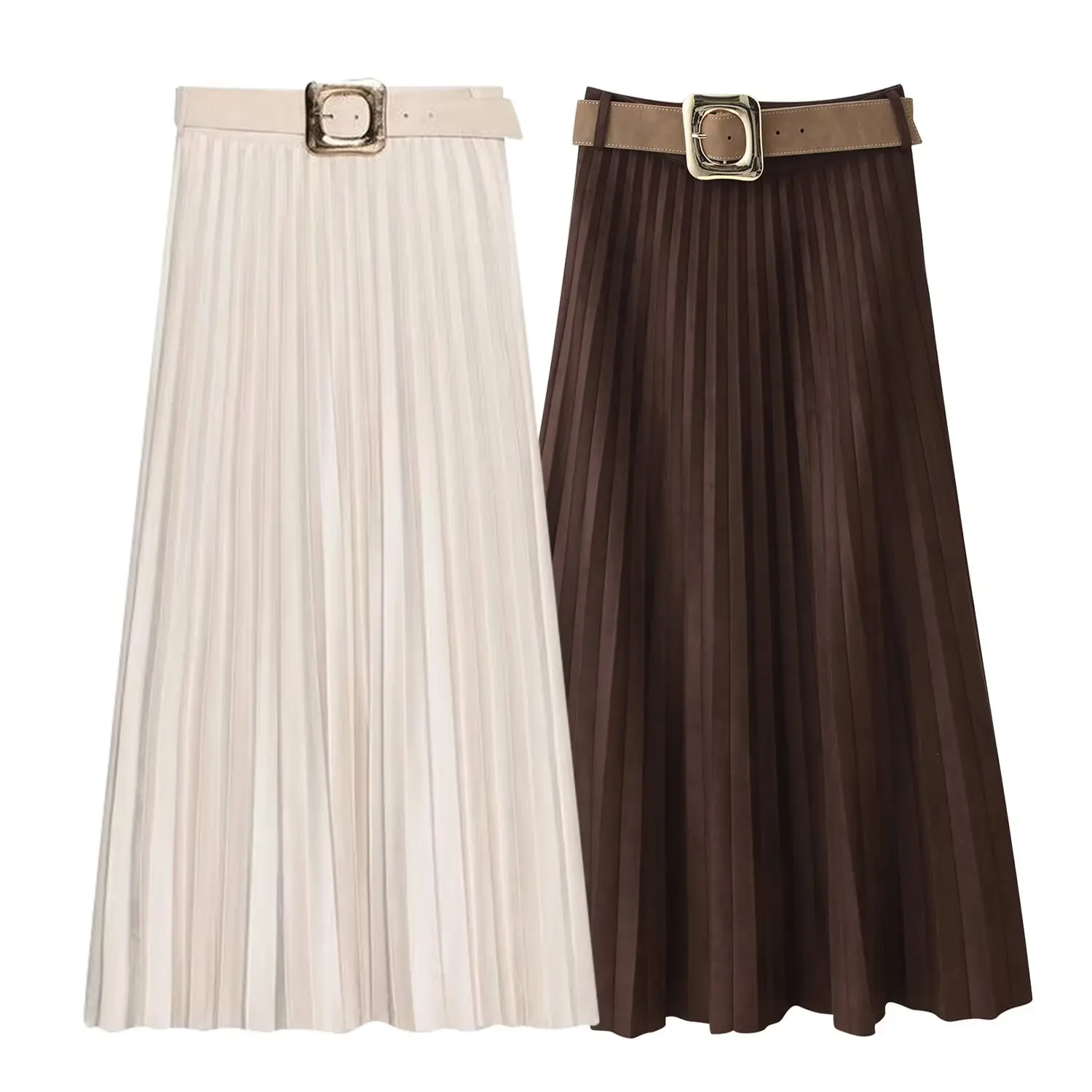 

New women's skirt with belt at waist adds a retro and exquisite atmosphere 2025 women's belt with belt suede effect pleated midi
