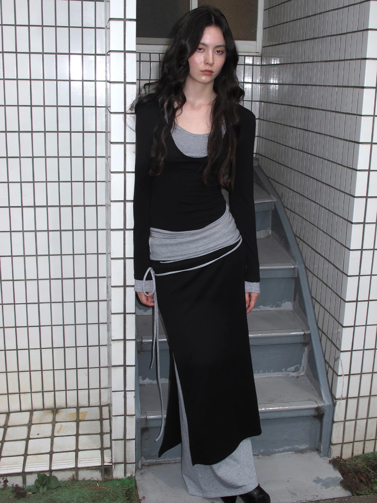 

Classic Bla ey Panel Slim Long Sve Base Top Andnever E Faux Two-Piece T-irt Commute Sle Moisture ng