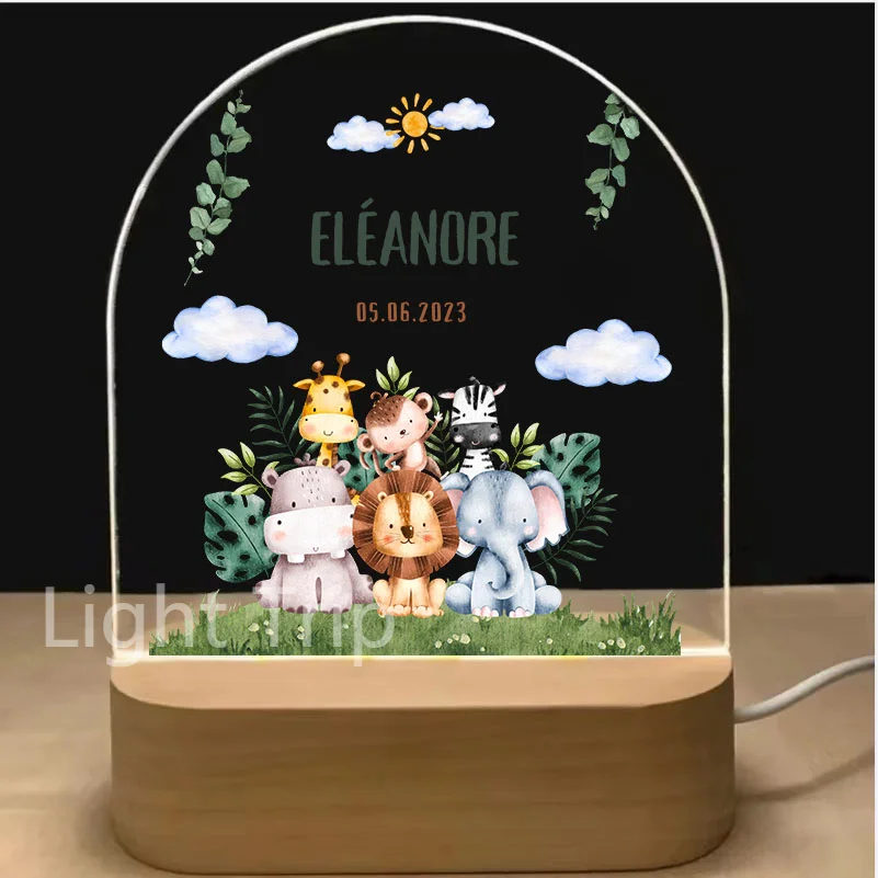 Imagem -06 - Personalizado Baby Night Light com Usb Base de Madeira Nome Personalizado Animal Arco-íris Abajur Quarto Decoração