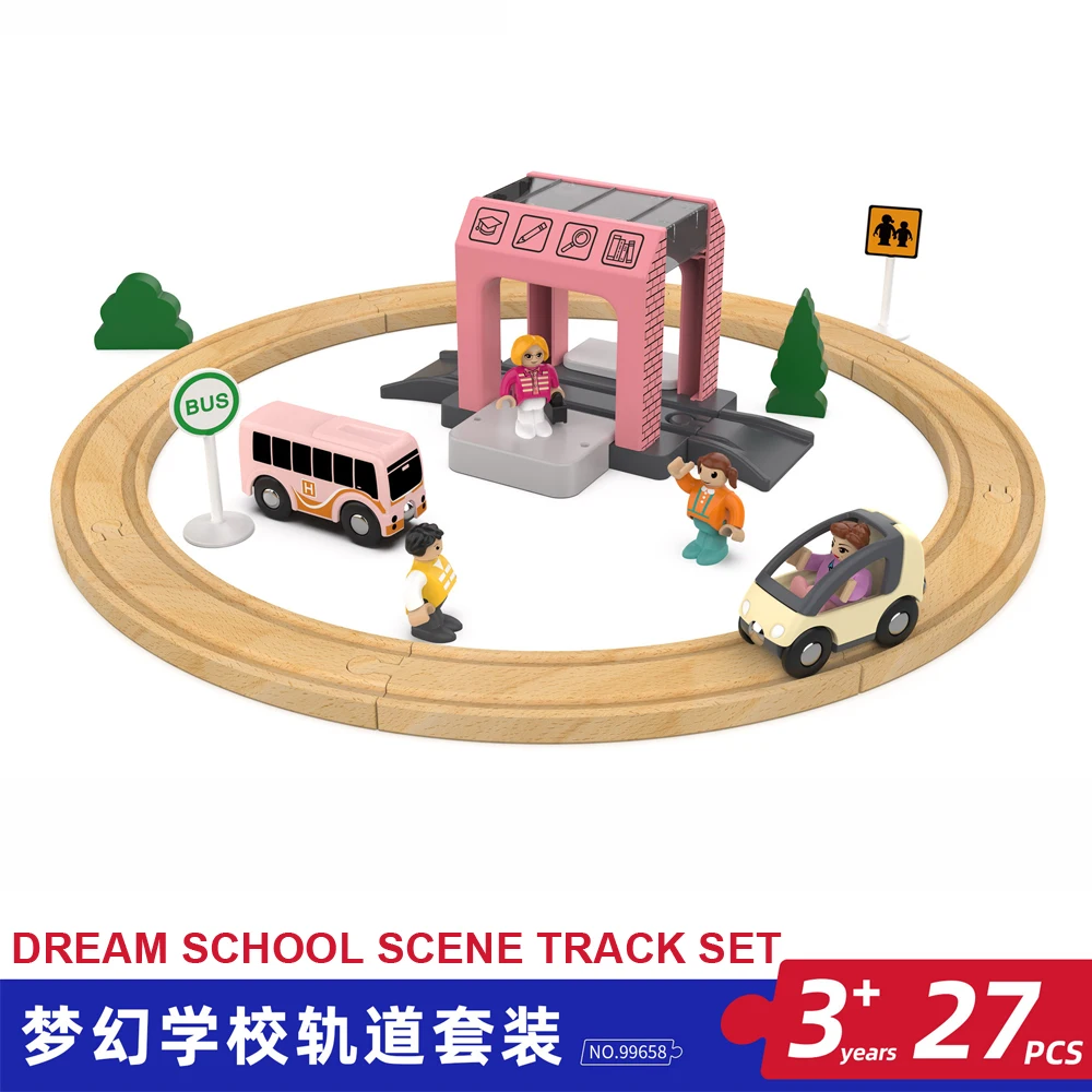 Set di binari per scene scolastiche da sogno, puzzle per bambini, vagone ferroviario in legno, assemblaggio fai da te, set di autobus scolastici, XT146