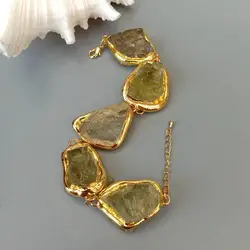 KKGEM Natural 27x33mm Lemon Quartz Rough Raw Nugget Gold Plated Brushed Bead wrap Bracelet Semi Precious Women Jewelry
