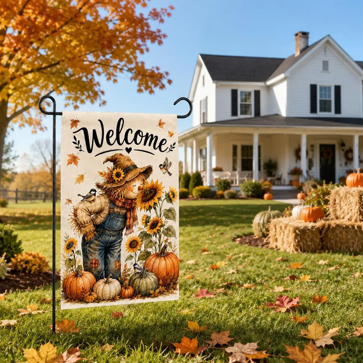 Welcome Fall Scarecrow Garden Flag 12x18 Inch Double Sided, Burlap Yard Flag for Outside Decoration, Features Autumn Pumpkin aaz