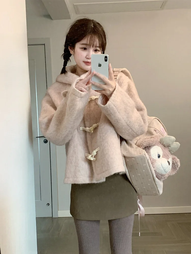 

Розовое шерстяное пальто Slre CallmeEar с капюшоном и пуговицами, молодежная верхняя одежда для женщин, зимний сезон, для поездок на работу