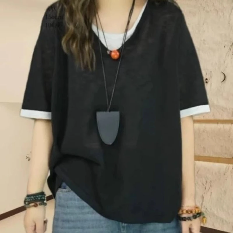 الخامس الرقبة التباين المرقعة حجم كبير بلايز عادية كم قصير وهمية قطعتين خمر تي شيرت الصيف موضة الاتجاه ملابس حريمي