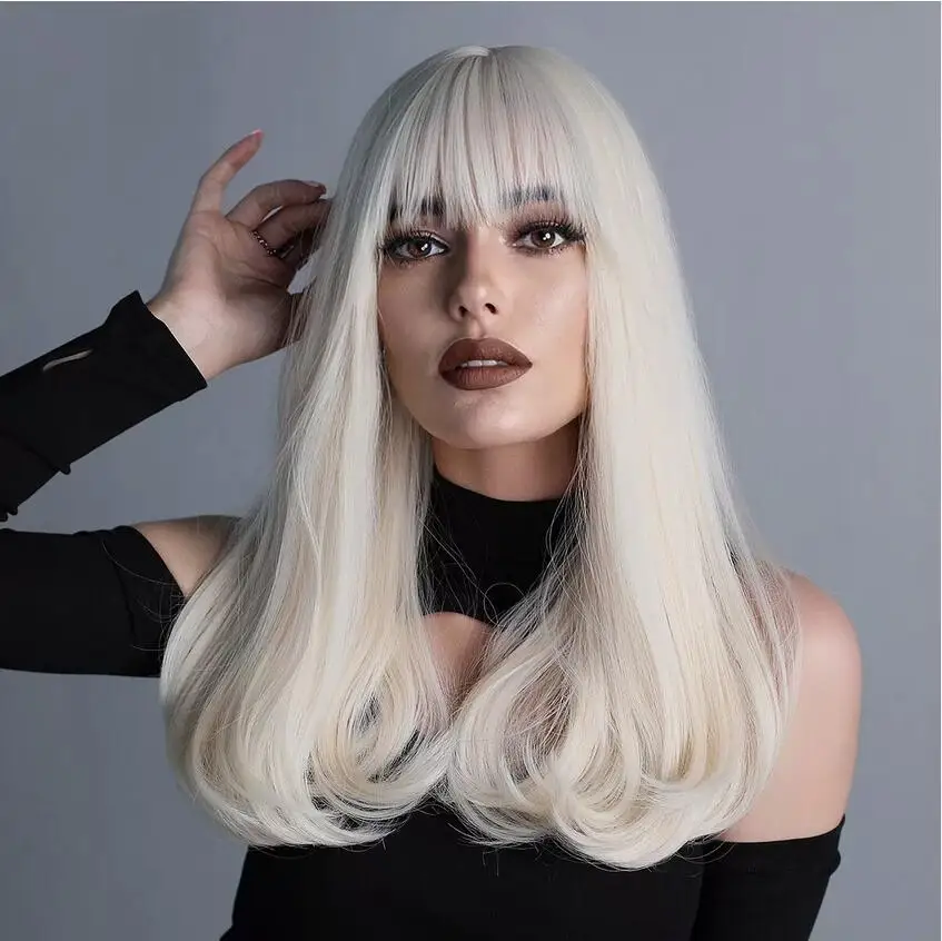 Costume Wigs With Bangs Platinum Blonde Long Wavy Heat Resistant Hair Synthetic