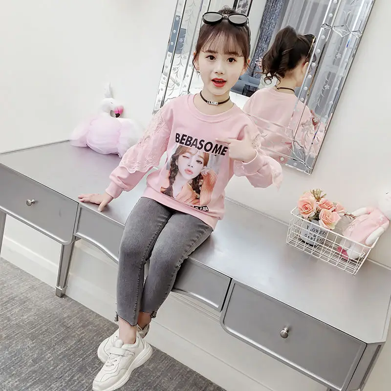

Lace Sleeved Base Layer Children T Shirt Girls Clothes From 11 To 12 Years Old Elementary School Student Woman Top Teenage Girl
