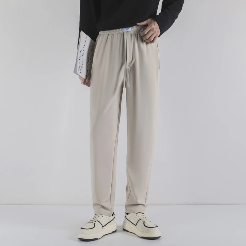 

2025 мужские прямые широкие брюки с эластичной резинкой на талии, свободные брюки на шнурке, повседневные быстросохнущие костюмные брюки проданого цвета