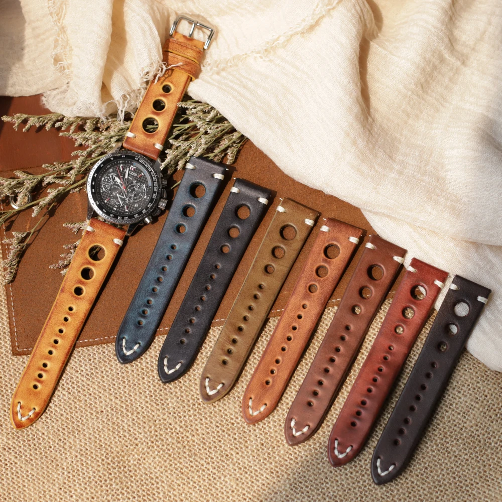 

Vintage Genuine Leather Watchband Yellow Brown Black 20mm 22mm 24mm Watch Strap Cowhide Bracelet Replacement Accessories for Men