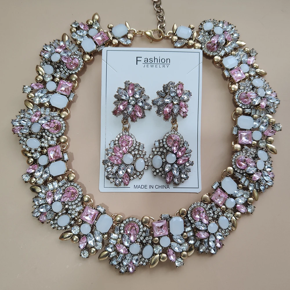 Women's Vintage Statement Earrings & Crystal Rhinestone Choker Set