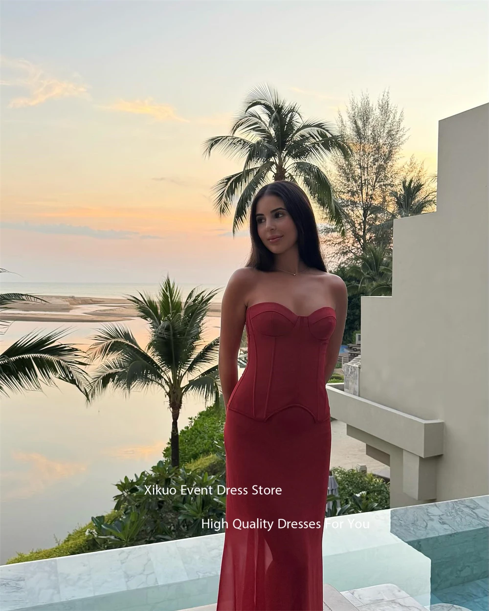 Xikuo Graceful Sweetheart Evening Dresses Mermaid Burgundy  Illusion Party Gowns Sexy Floor Length Celebrity Dresses Customized