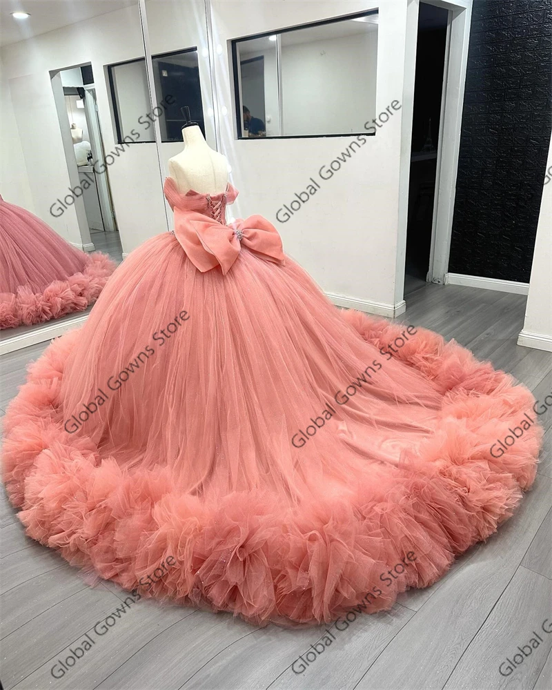 Mexico Peach Off The Shoulder Bead Crystal Quinceanera Dresses Ball Gown Bow 2025 Birthday Luxury Dress Ruffles Formal Gown