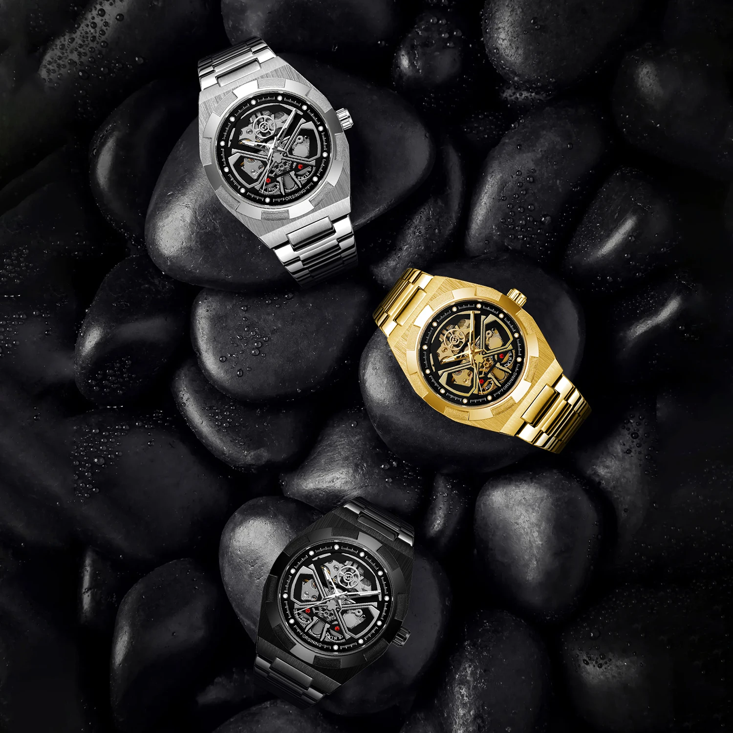 Forsining 8272 Gold Automatic Watch for Men Skeleton Classic Style Stainless Steel Waterproof Luxury Brand Luminous Wristwatches