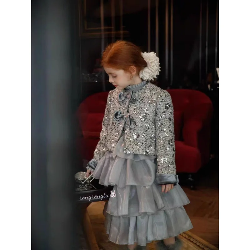 Girls' Autumn Winter High-end Gray Sequin Cake Dress Princess Gown Dress Coat Birthday Vest Dress