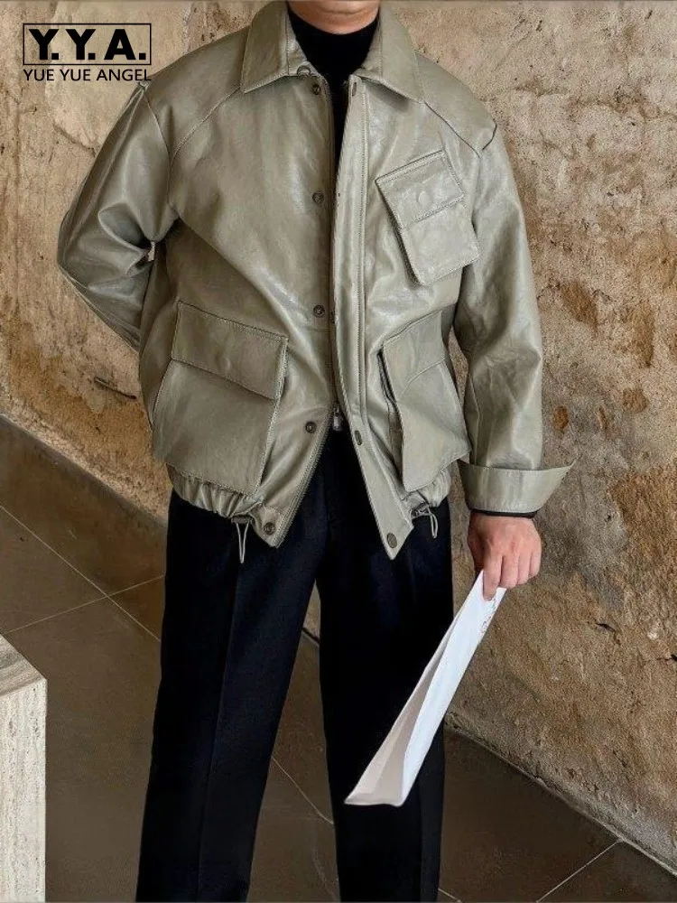 

Мужская весенняя куртка из искусственной кожи в стиле панк, свободная посадка, винтажное короткое пальто-карго, повседневная уличная одежда, мужская верхняя одежда с отложным воротником для мотоцикла