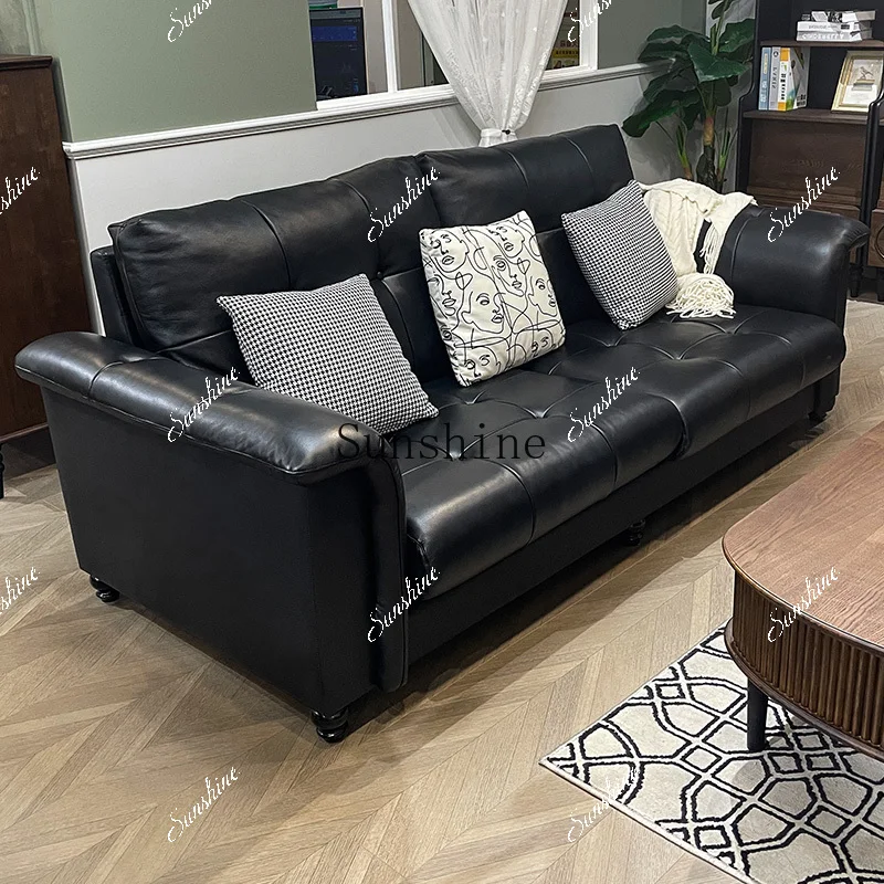 American first-layer cowhide modern simple small apartment living room retro style three-person straight row sofa  FT