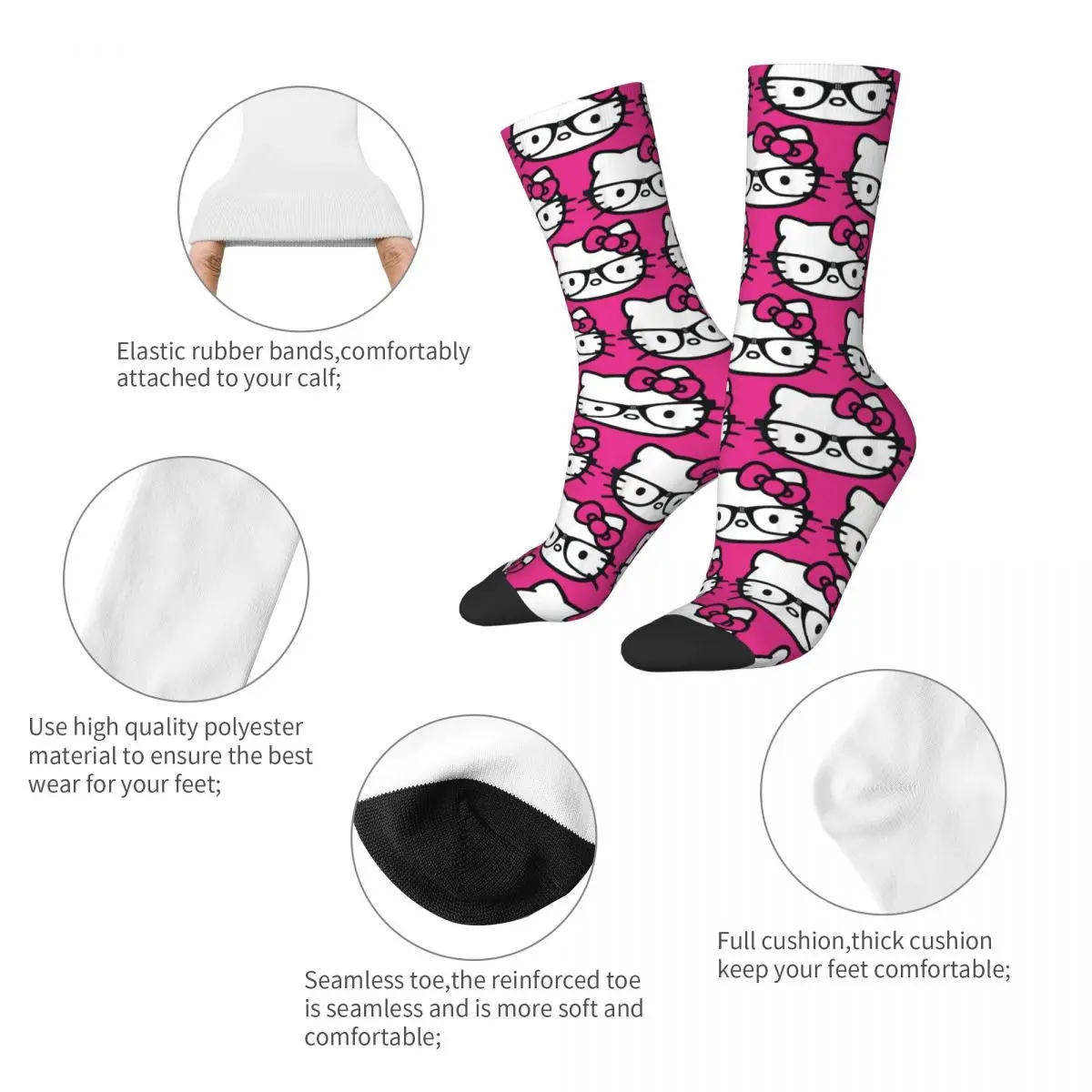 Autumn Winter Fashion Men's Women's Hello Kitty Black And White Nerd Glasses Socks Non-slip Skateboard Socks