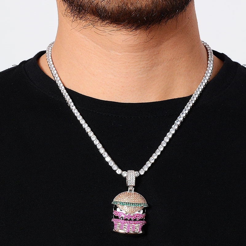 Hip Hop Bling Hamburger Penguin Pendant With 3mm Tennis Chain Iced Out AAA+ CZ Stones Paved Rapper Charm Jewelry Gift For Men