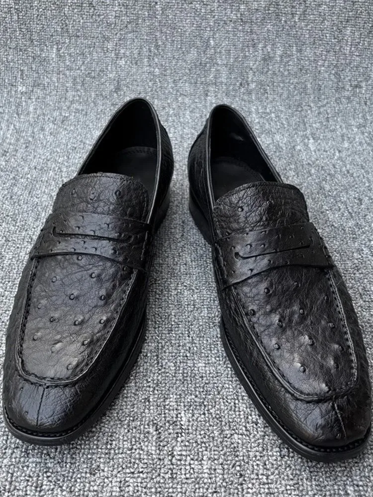 Mens Banquet Party Real Ostrich Leather Formal Shoes Business Work Comfortable Slip On Loafers Groom Low Cut Wedding Dress Shoes