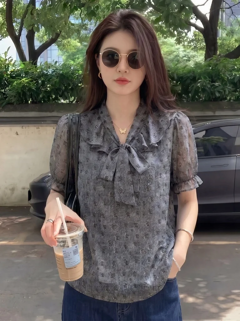 Gray Knot Short Sleeve Chiffon Shirt Women's Summer New Large Size Flattering Top Korean Style Loose Fit V-neck