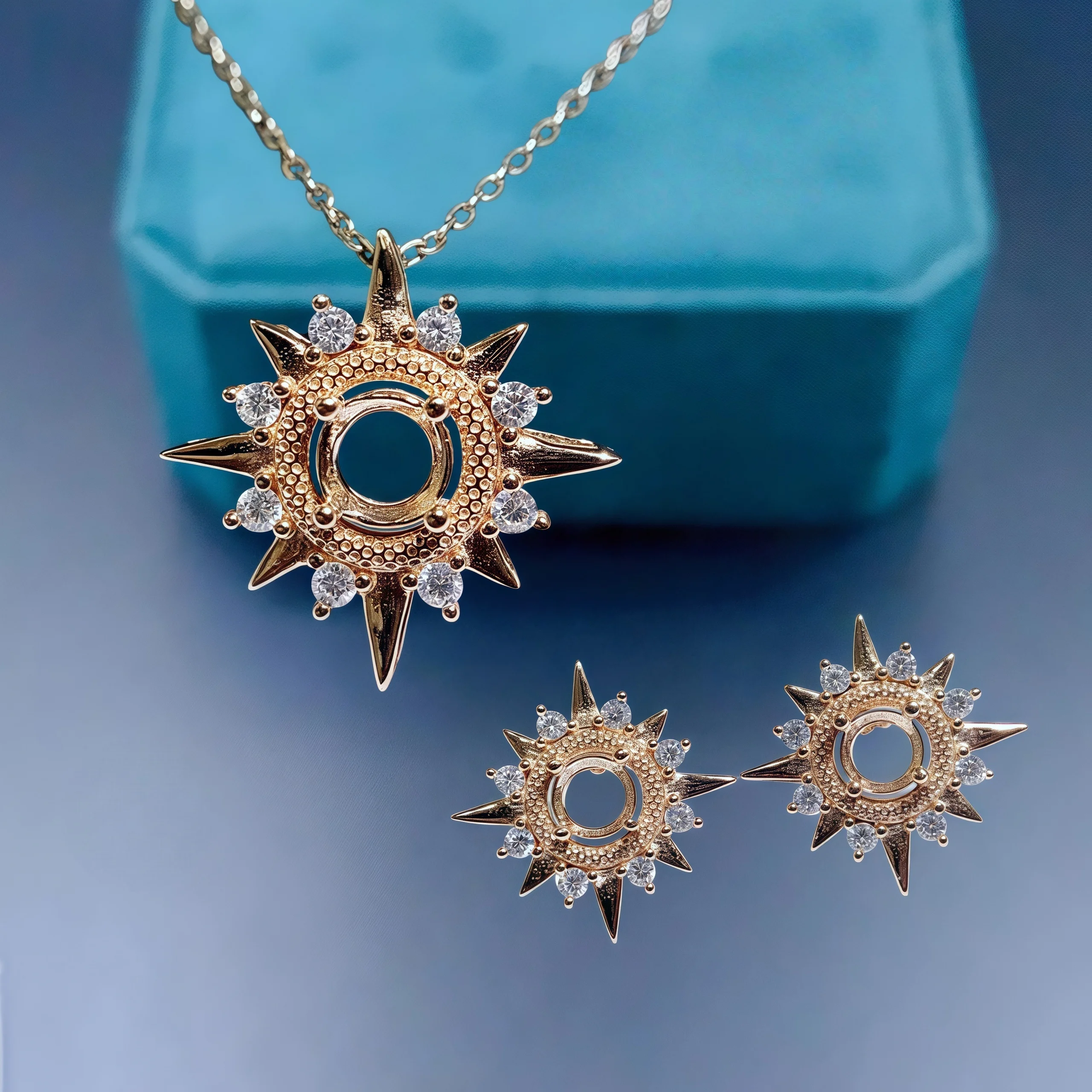 

DIY Pendant Earrings 2pc Set Empty Holder S925 Sterling Silver Setting 5mm Round Stone Starry Design Fine Jewelry for Woman
