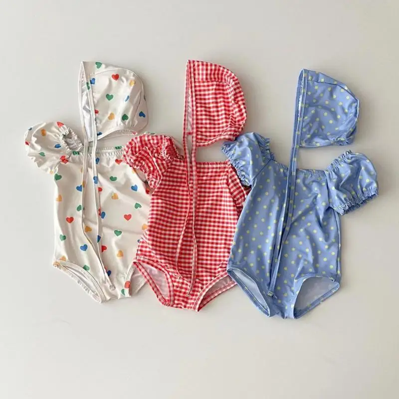 0-3Y Newborn Baby Cute Bikini Girl Sweet Fashion Swimwear Summer Swimming Suit Puff Sleeves Bodysuit Swimming Costume+ Caps