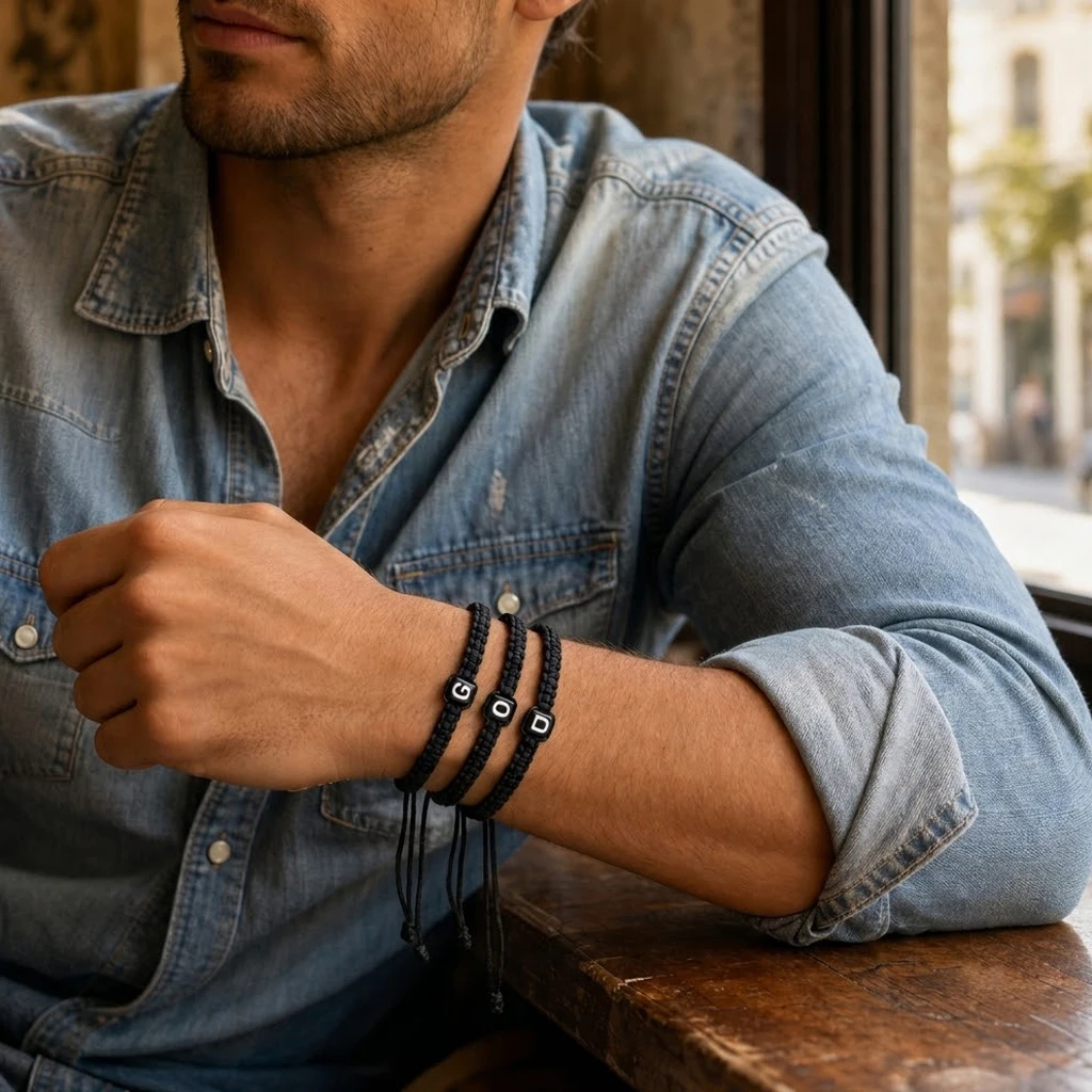 3pcs Unisex Black Braided Cotton Letter Bead Strand Bracelet with Adjustable Lace-Up Closure Casual Sporty Style