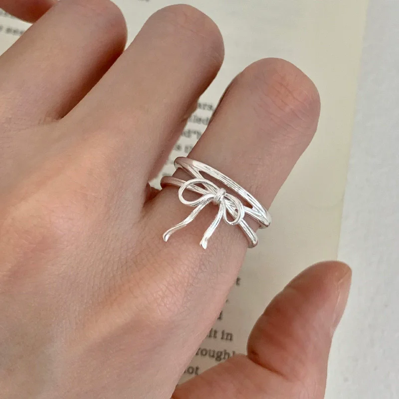 Women's 925 Sterling Silver Bow Tie Open Finger Ring, Cute Design