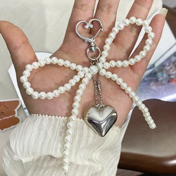 Delicate Beaded Key Chain Handmade Bow Shaped Keyring Heart Keychain Ornament Pearl Decoration For Bags And Phones