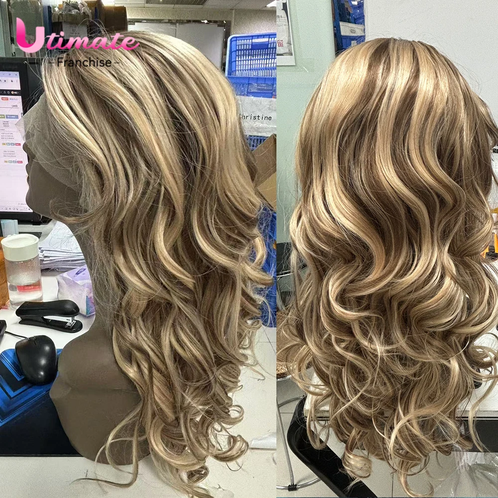 20Inches Ombre Gold Lace front Synthetic Wigs for Women Dark Root Wigs Body Wave Party Wig Cosplay Heat Resistant