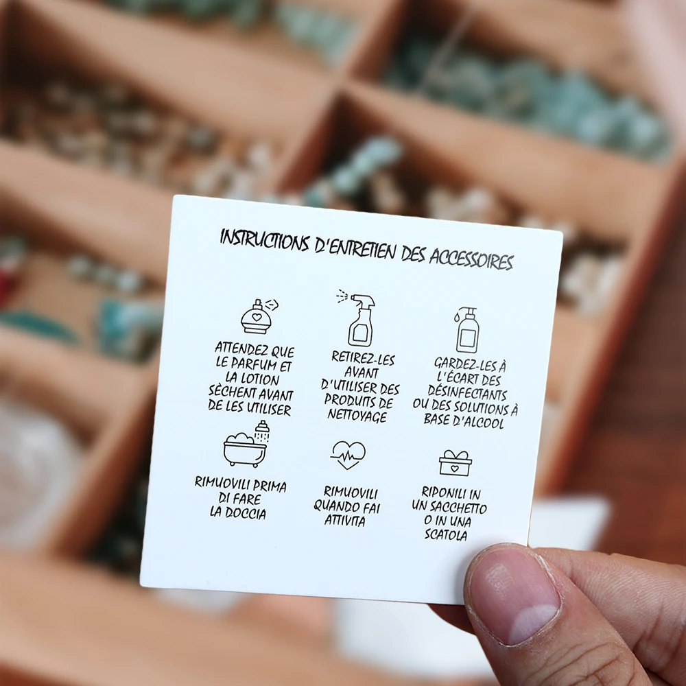 50PCS 9 Languages 6.5x6.5cm Square White Brown Care Instructions Custom Insert Card For Jewelry DIY Packaging Supplies Wholesale