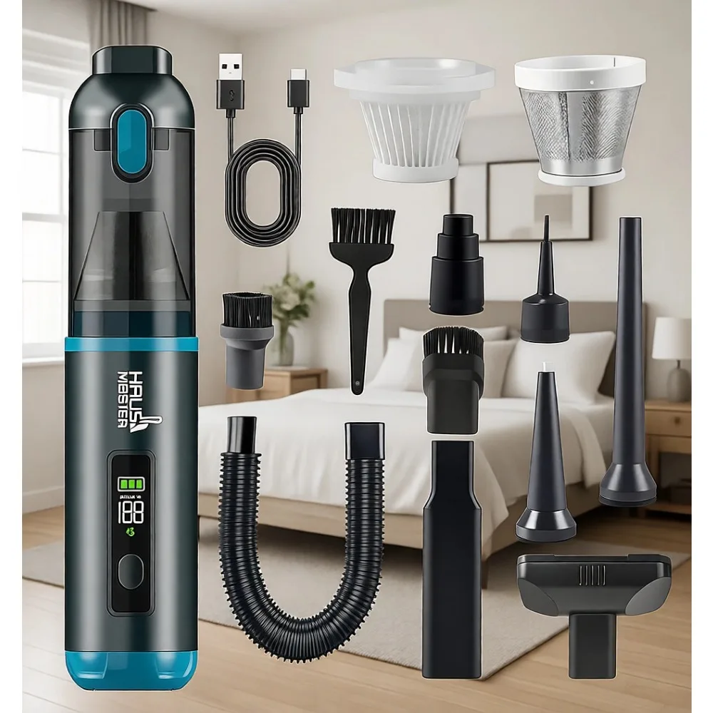 Cordless Car Vacuum 16000Pa 4 in 1 Handheld Air Duster Inflator Mini Vac for Car Detailing Pet Hair Keyboard