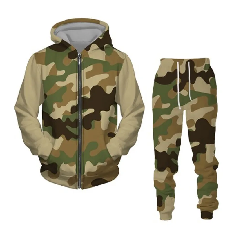 Men Hoodie Sets 3D Camouflage Printed Zip Hoodie + Pants Suit Cool Men 2 Pcs Sportwear Tracksuit Set  Autumn Men\'s Clothing