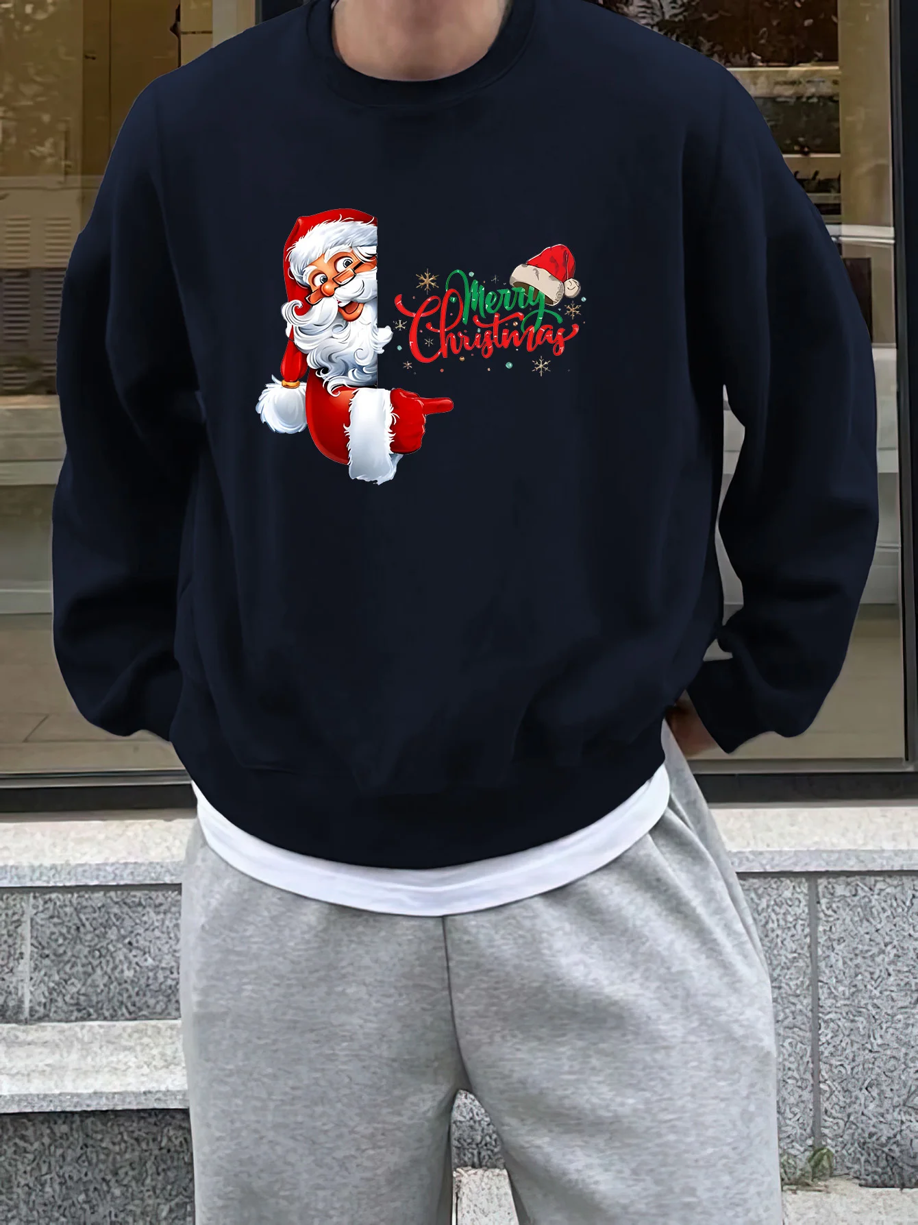 

Men's Santa Claus Christmas Sweatshirt - Navy Blue Holiday Pullover with Santa Graphic, Soft Stretch Fabric Hoodie for Casual