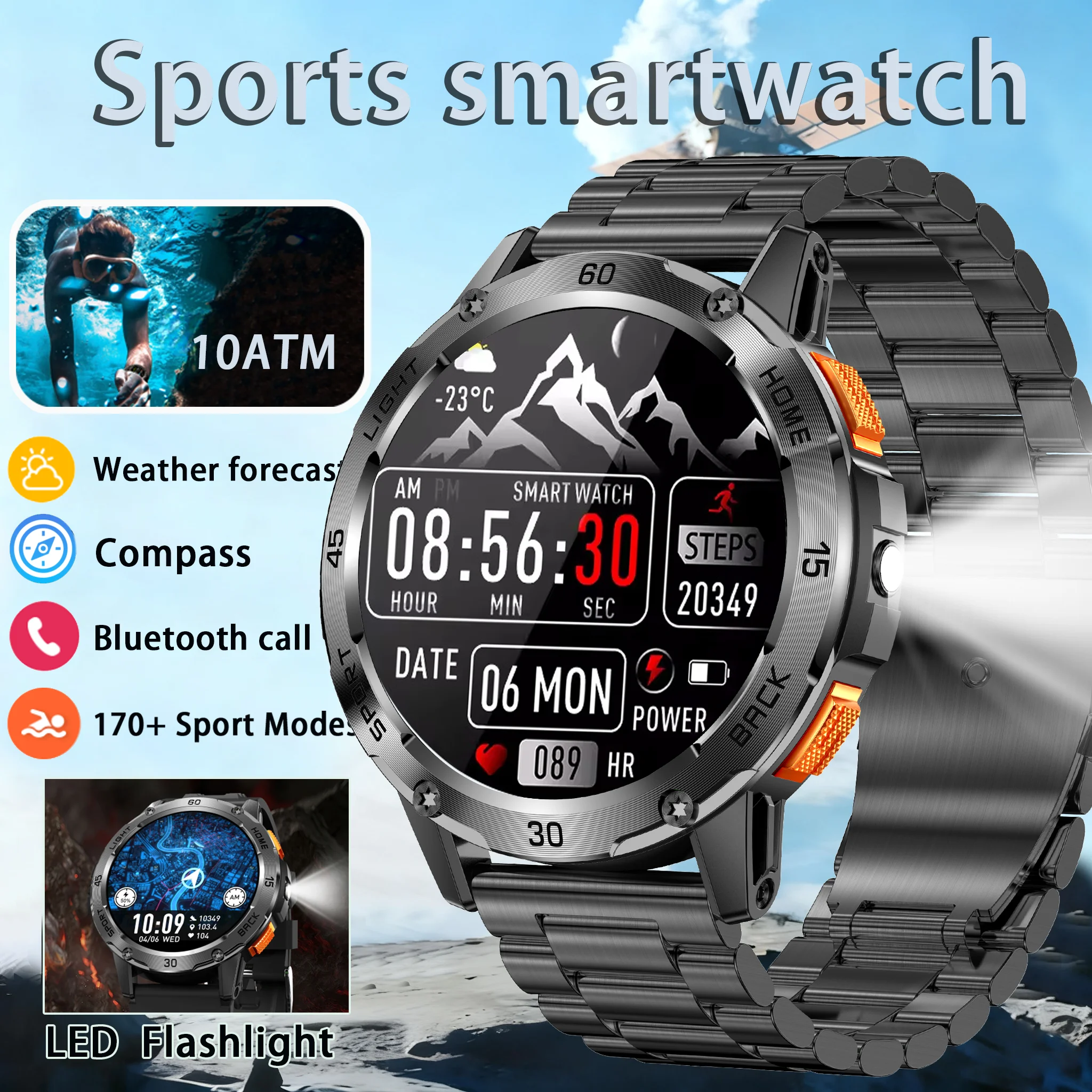 

Новинка 2023 года, умные часы, аккумулятор 1000 мАч, компас, 10 АТМ, водонепроницаемый тактический спортивный фонарик, BT-вызов, умный браслет для мужчин