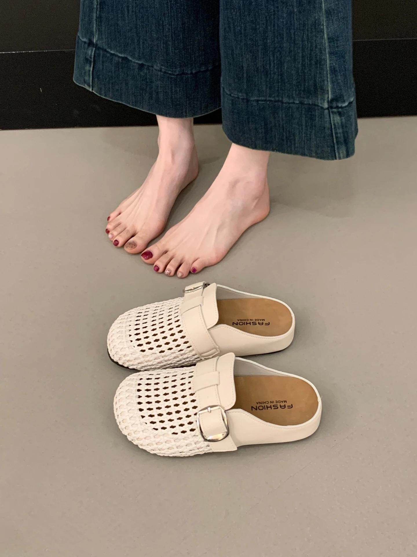 女性用メッシュ織りフィッシングネットシューズ-厚底インナーヒールスリッパ-夏用クールスリッパ-通気性スリップオンサンダル
