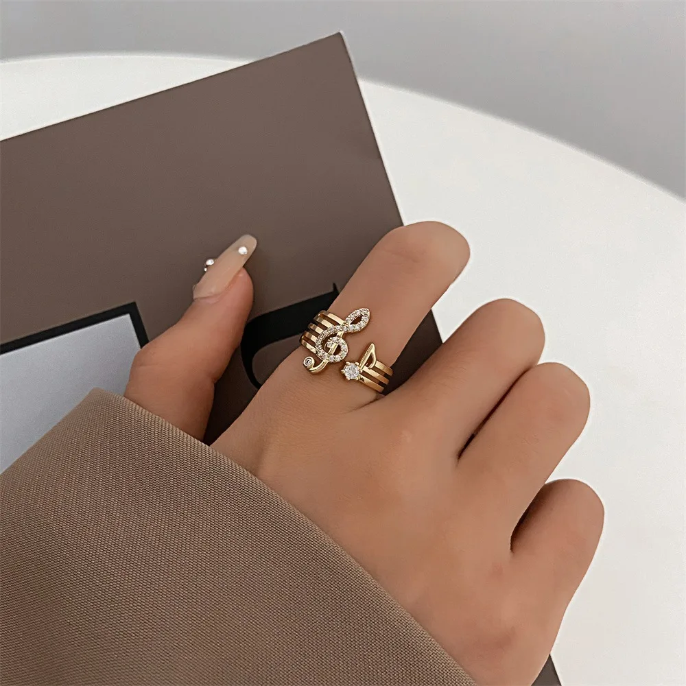 Korean Fashion Micro-set Zircon Music Note Ring Trend Copper Open Rings for Women Statement Finger Jewelry Wedding Decoration