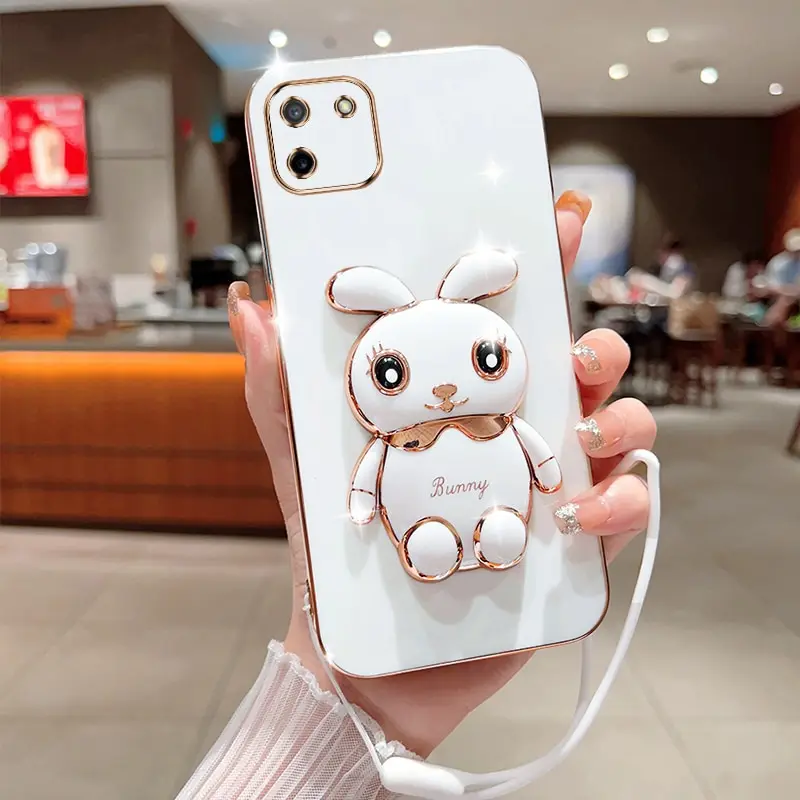 

Phone Case For Oppo Realme C11 2021 Luxury Plating Square Rabbit Holder With Landyard Case Cover