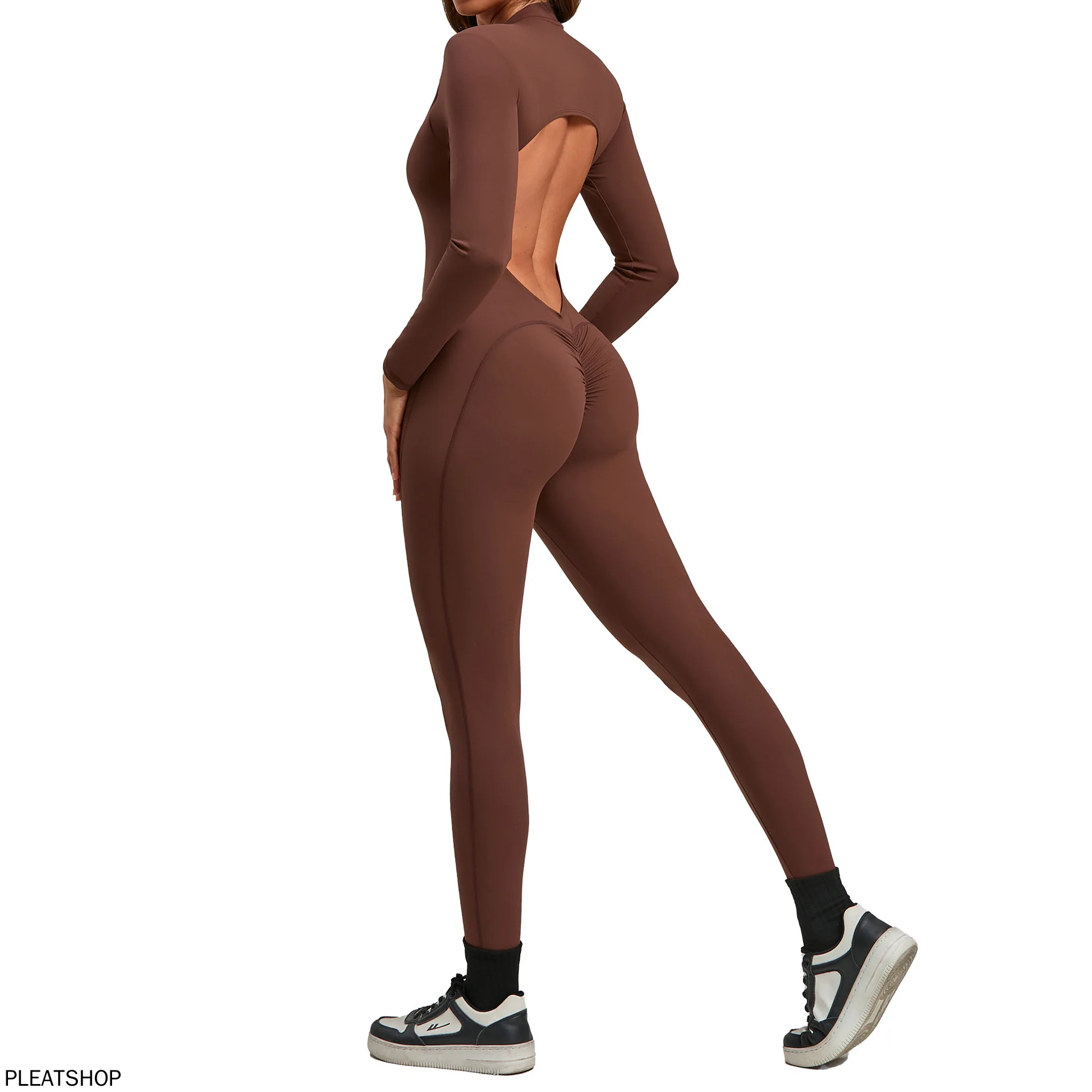 

European and American New Style Zippered Long-sleeved Nude Yoga Jumpsuit for Women to Wear Fitness Sports Pants Jumpsuit