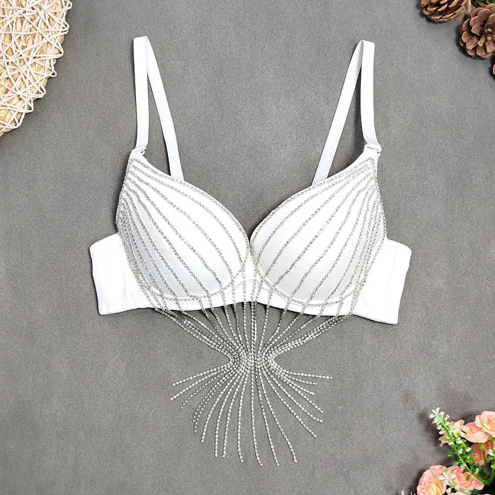 Personalizado feminino adulto strass borla suspender bela volta sem alças boate estilo de palco puro desejo sexy sutiã traje