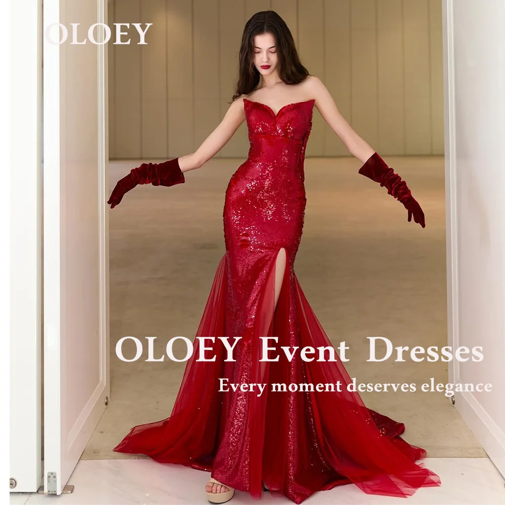 

OLOEY Luxury Red Mermaid Prom Dresses Glitter Lace Side Slit Wedding Party Gowns Sweetheart Neck Floor Length Customized