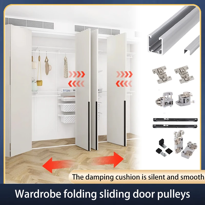 Japanese Style Folding Sliding Door Hardware Kit Overhead Track Exposed Bottom Rail System For Metal Wardrobe Closet LR Sliding