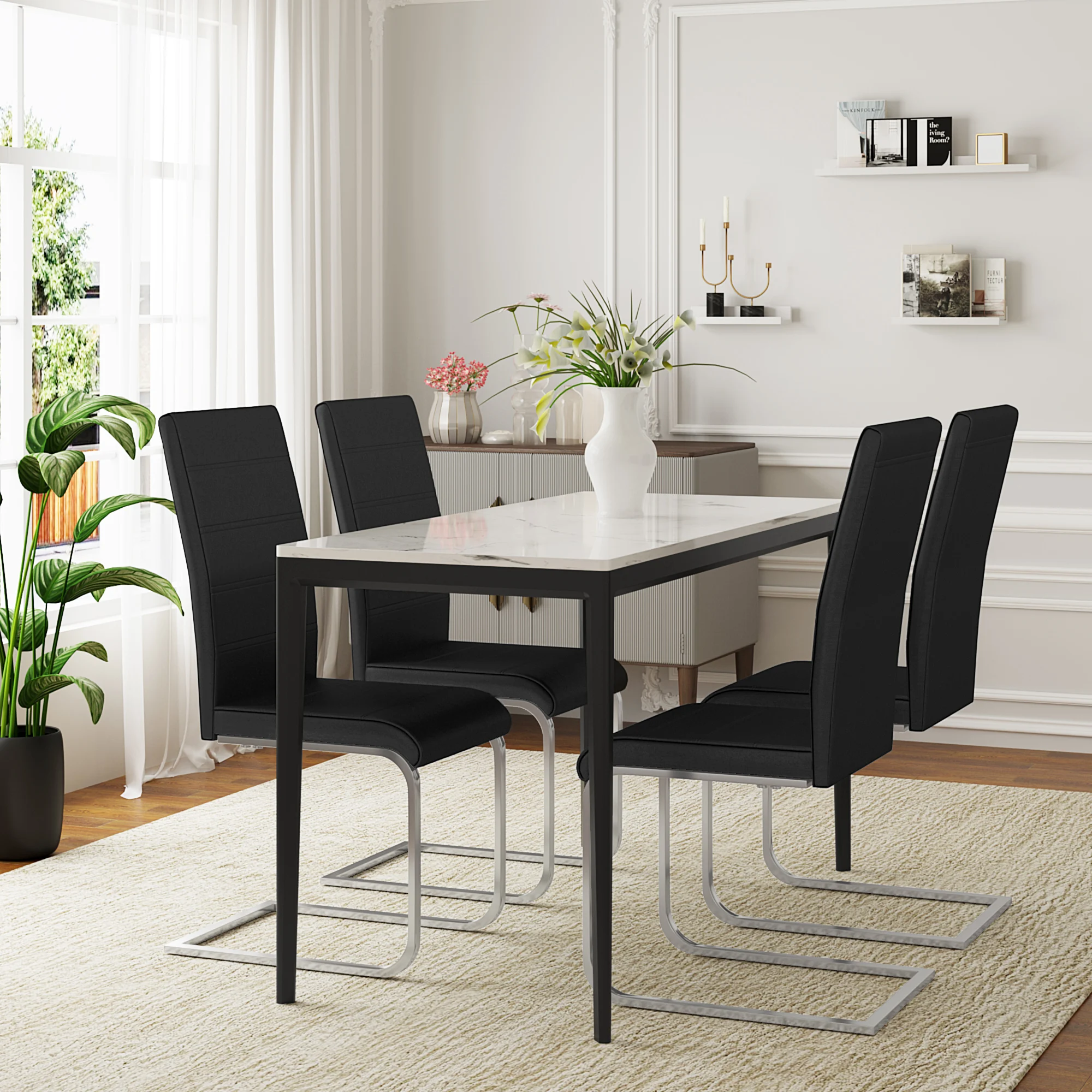 Silla de comedor ergonómica acolchada, Base de trineo, respaldo alto, Cantilever, cocina, sala de estar, oficina, balcón, Juego de 2 piezas