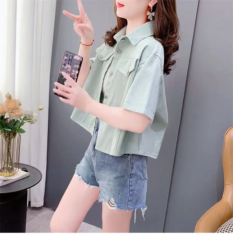 معطف الدنيم المرقعة الكتان المرأة الصيف الحياكة جوفاء خارج بالون الأكمام الحد الأدنى متجدد جيوب بحر خفيفة الوزن OL