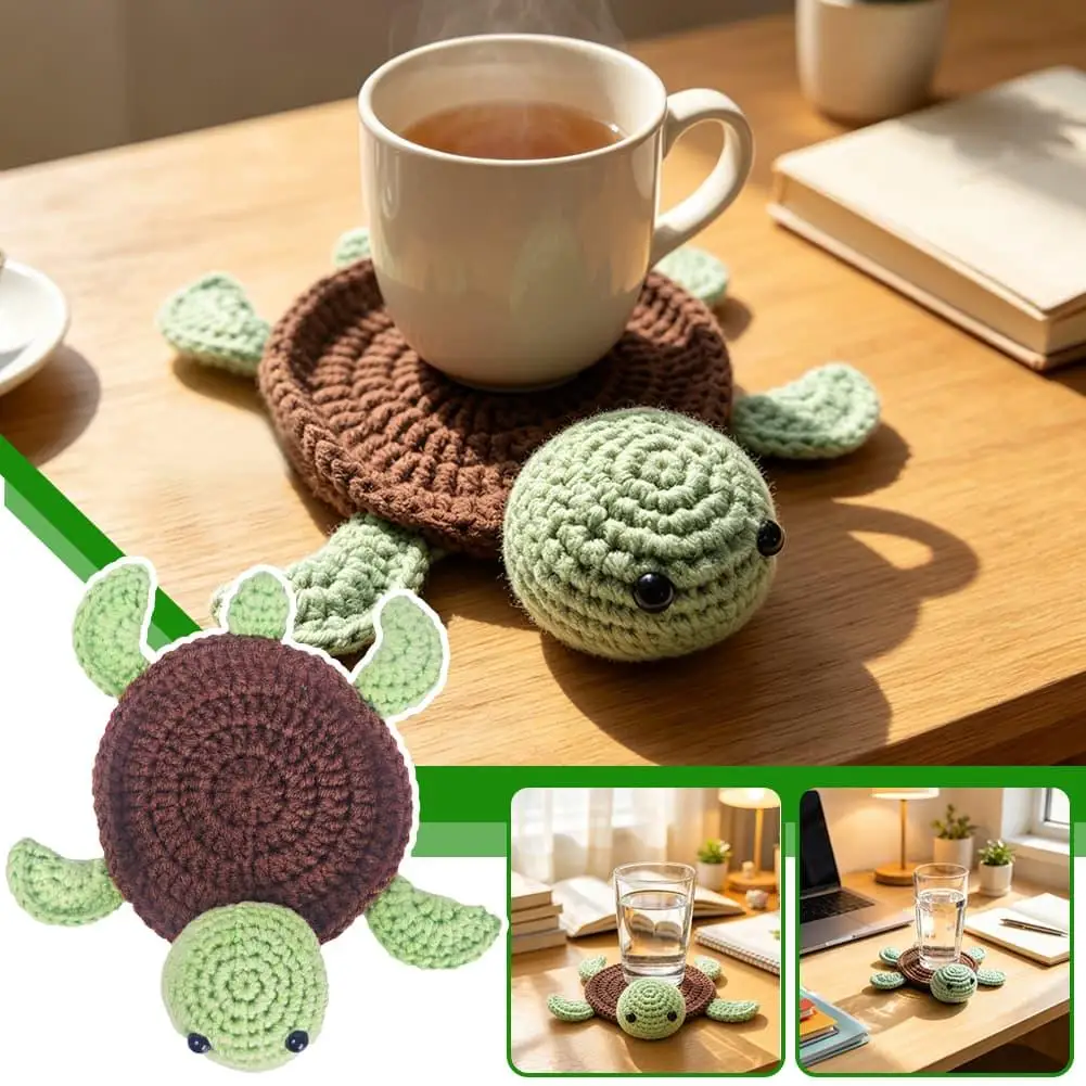 Cute Soft Handmade Crochet Turtle Design Tea Cup Pad Heat Proof Thermal Insulation Table Mat DIY Kitchen Decor Creative Coaster