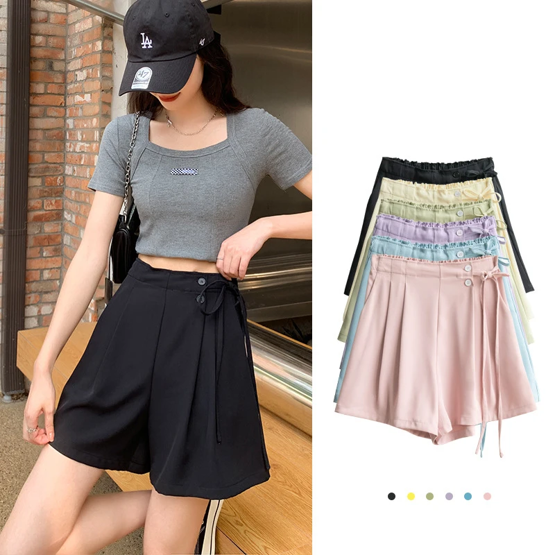 Suit Shorts Women Summer Thin Ice Silk Shorts High Waist A-line Slim Wide Leg Short Pants Loose Casual Ladies Summer Clothes