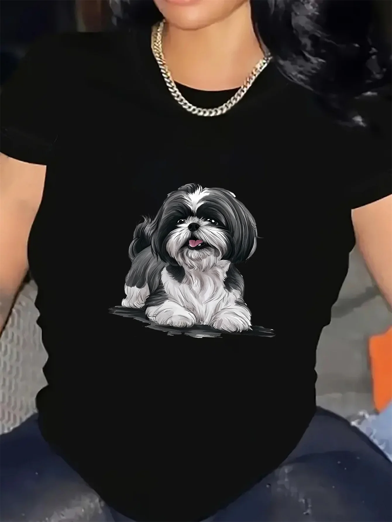 Camiseta casual con cuello redondo para mujer con estampado de perro Shih Tzu: camiseta suave, elástica media y de manga corta para todas las estaciones
