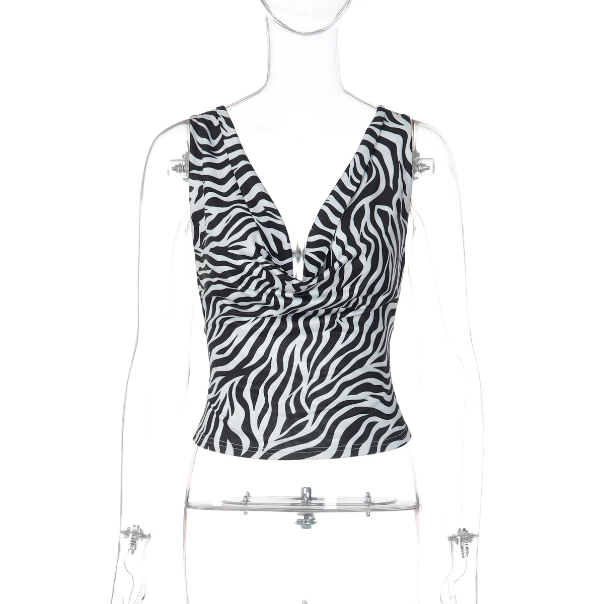 Hugcitar Damenmode, Zebramuster, V-Ausschnitt, gerüscht, rückenfrei, sexy, schmales Crop-Tanktop, Sommerkleidung für Damen, Party, Urlaub, Club – Detail 4
