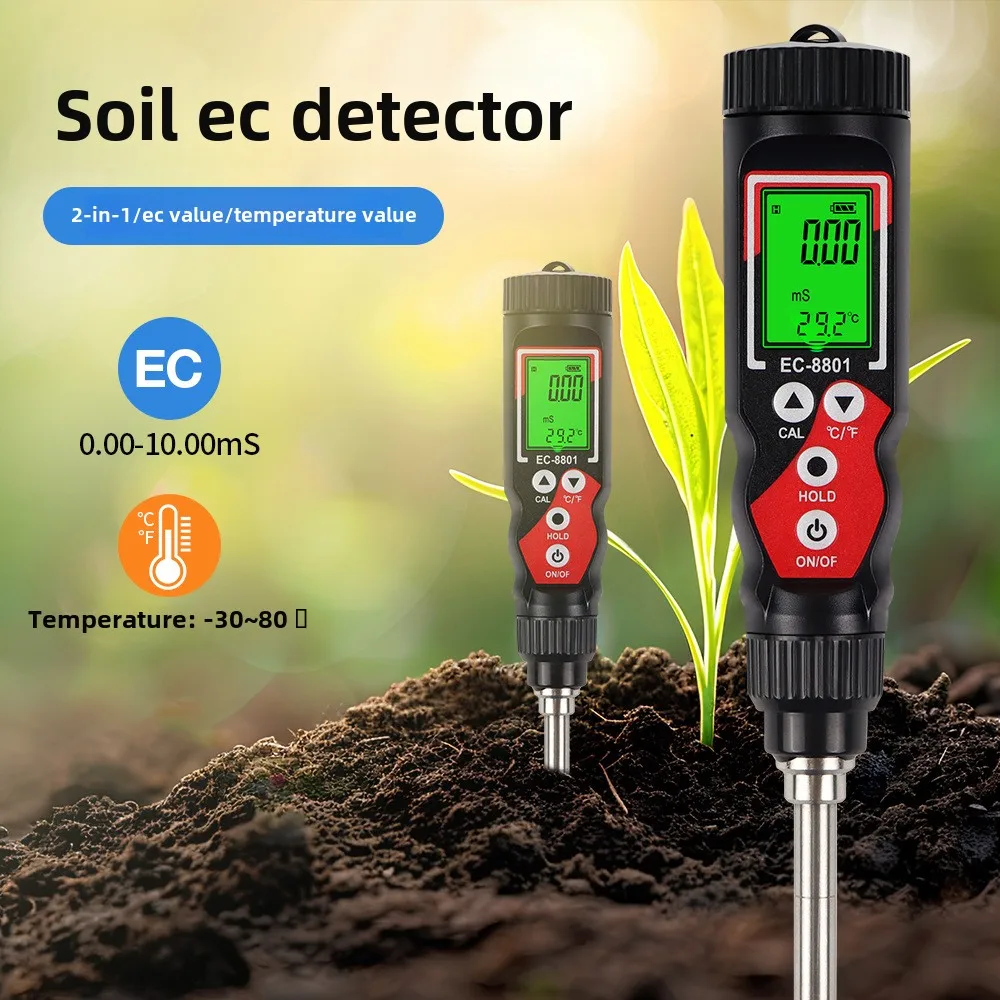 2 in 1 Digital EC Temperature Soil Tester LCD Backlit Electrical Conductivity Meter Farm Garden Planting Soil Analyzer EC8801